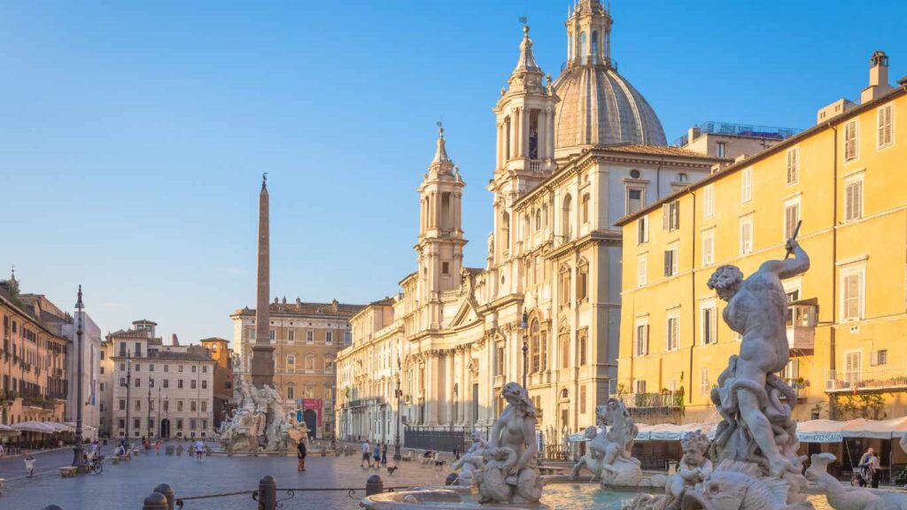 Piazza Navona fountains at sunrise Rome